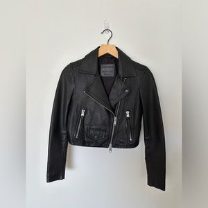 AllSaints Elora Cropped Biker Jacket in black, size 2